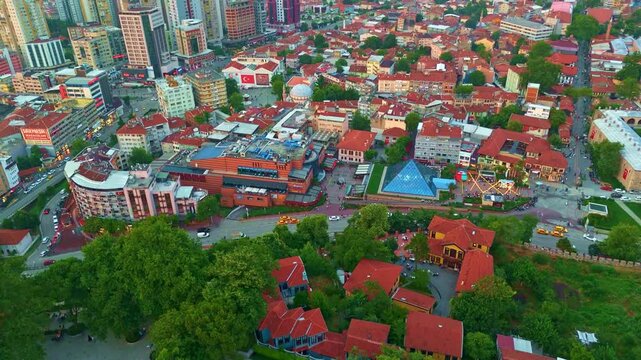 Aerial view a city with a church.