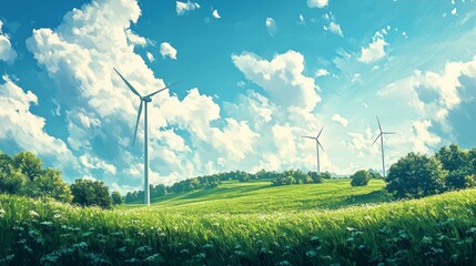 Spinning wind turbines, vibrant green field, blue sky with white clouds, watercolor style