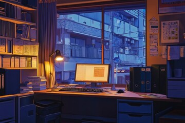 A Peaceful Office With Large Windows Showing A Serene Sunset And Gentle, Cozy Light Illuminating The Workspace. Cozy Vibe, Generative AI