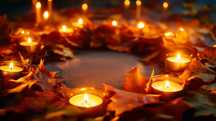 Candles And Autumn Leaves With Copy Space
