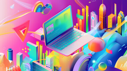 Surreal laptop floating over a cityscape 