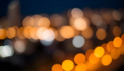 Fototapeta premium City street at night, with blurred lights reflecting on a wet pavement. Blurred background with soft warm-toned bokeh-light 