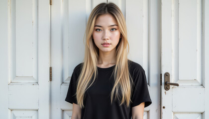 Stylish young woman in a black shirt standing in front of a white wooden door, showcasing natural beauty and confidence.