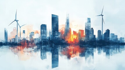 Obraz premium Urban cityscape, anti-gravity wind turbines hovering, futuristic innovation, watercolor style