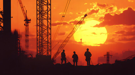 The day begins with the silhouettes of construction workers and equipment framed by a glowing horizon, showcasing the power