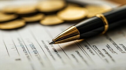 Gold-Trimmed Pen on a Check with Coins in the Background