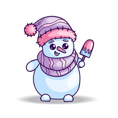 Cute snowman on a white background. New Year and Christmas card. Vector illustration