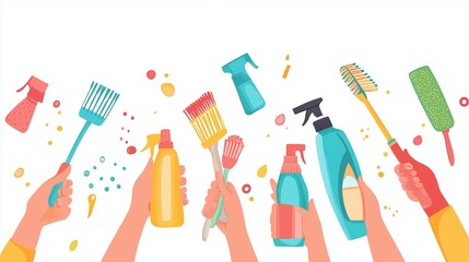 A vibrant gathering of cleaning tools and supplies held by multiple hands in a lively and colorful display for spring cleaning