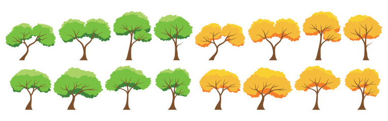 Fototapeta premium Collection of tree isolated on a white background. Each species of trees. Trees that change from green leaves to orange leaves. Nature or healthy lifestyle topics. Vector illustration flat design