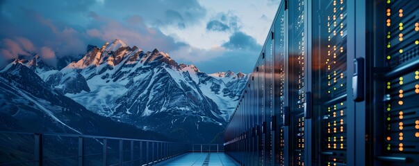 A serene view of a data center with mountain backdrop, showcasing technology and nature in harmony during twilight.