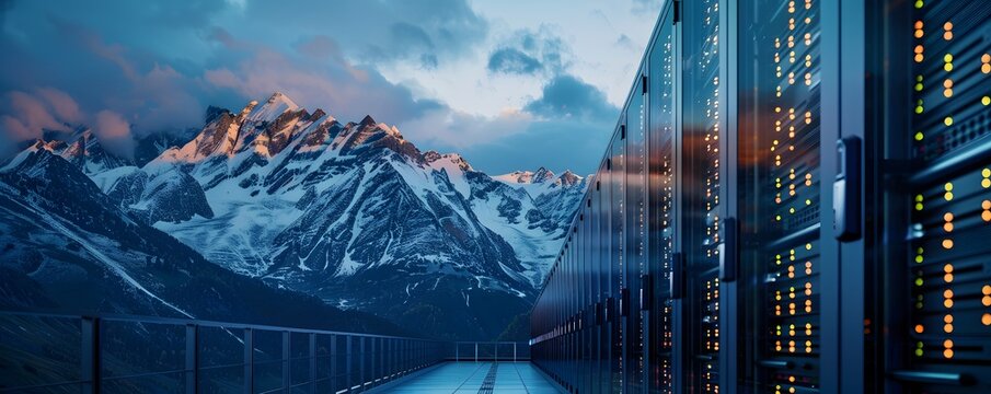 A serene view of a data center with mountain backdrop, showcasing technology and nature in harmony during twilight.