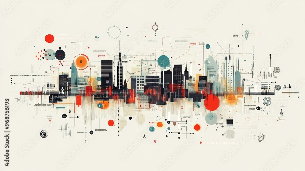 Poster abstract cityscape with geometric shapes and lines