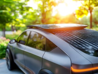 A sleek electric car with solar panels parked amidst lush greenery under a glowing sunset, showcasing eco-friendly technology.