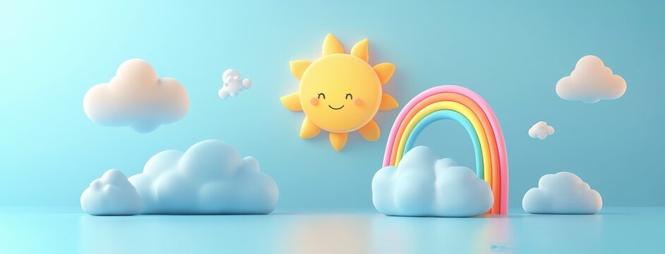 3D cartoon style scene with sun, rainbow and clouds on blue background. High resolution photo.