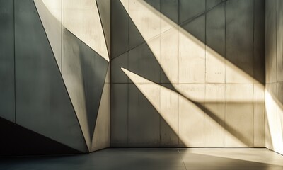 Cinematic shot of a geometric wall with light casting sharp, angular shadows, creating an abstract play of forms, dynamic depth from the intersecting shapes, the minimalist and modern design