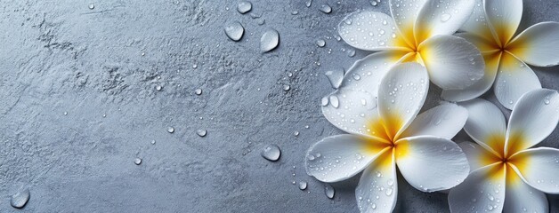 Plumeria flowers on grey background. Spa and wellness concept banner with space for text. Beautiful white plumeria flowers with water drops on grey surface.