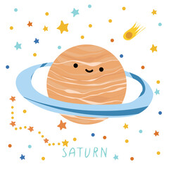 Solar system of planets for kids. Saturn with cartoon face. Vector illustration. Cartoon planet.