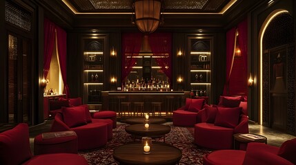 A cozy lounge with luxurious decor featuring fine wines and small plates