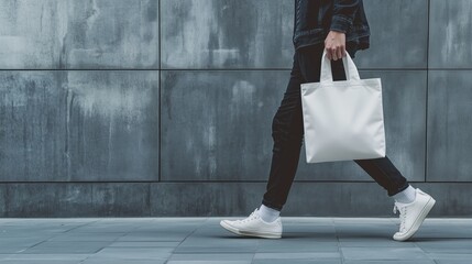 Stylish individual carrying a reusable white tote bag while walking in the city, highlighting eco-conscious fashion. Great for environmental awareness and sustainable lifestyle themes.