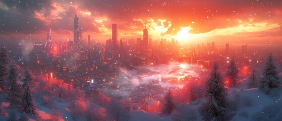 Snow-Covered Cityscape at Sunset with Red Sky