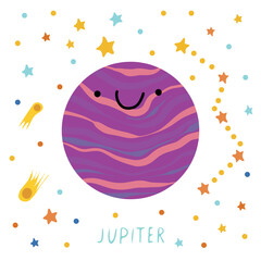 Solar system of planets for kids. Jupiter with cartoon face. Vector illustration. Cartoon planet.
