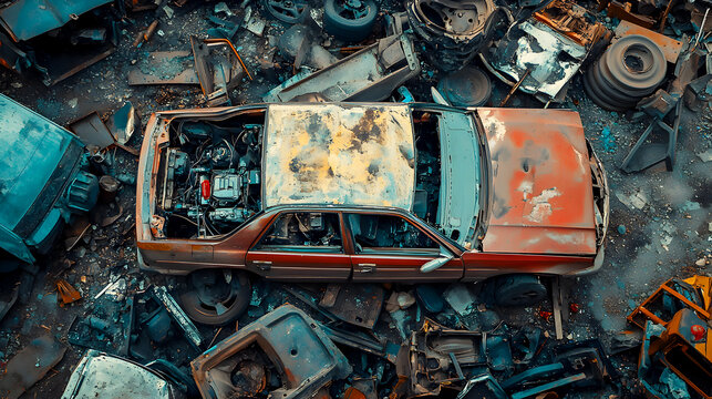 The dismantled remains of a scrapped car in a junkyard, with its doors, hood, and engine removed, leaving only a hollow shell among other-4