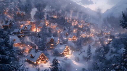 Fototapeta premium a cozy quaint village nestled in the snow, with smoke rising from chimneys, twinkling lights in windows, and snow-covered rooftops