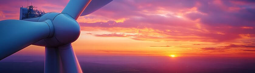 Fototapeta premium A stunning wind turbine stands tall against a vibrant sunset, showcasing renewable energy in a picturesque landscape.