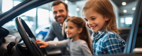 Fototapeta premium Happy family road trip with two smiling children enjoying a car ride on a sunny day
