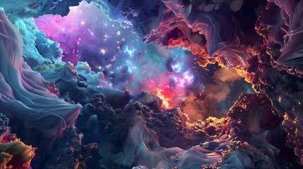 A vibrant cosmic landscape filled with colorful clouds, stars, and abstract formations, evoking a sense of wonder and exploration.