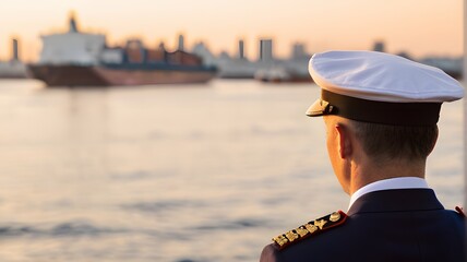 Sailor in Uniform Gazing at a Distant Ship at Sunset © ekalaila