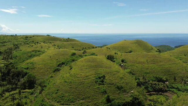 Drone view of the rolling green hills known as Teletubbies Hill on Nusa Penida, Bali, Indonesia.
