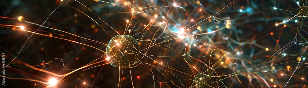 Poster a vibrant macro view of neural connections showcasing intricate patterns of light and color, symboli