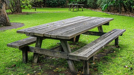 Picnic Tables: Sturdy wooden or metal tables with attached benches, designed for outdoor dining. Positioned in grassy spaces or near playgrounds for a relaxing family picnic.
