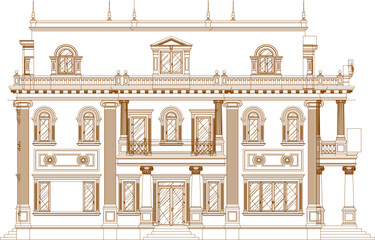 Obraz premium Vector sketch illustration silhouette design engineering drawing of architectural building old house classic vintage ethnic european model