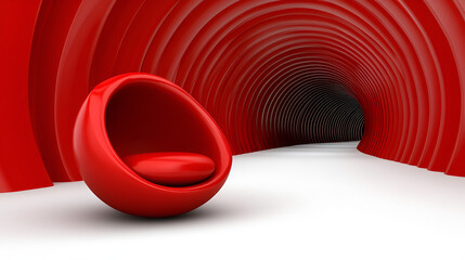 A vibrant red chair rests inside a curvy tunnel design, showcasing modern interior aesthetics and...