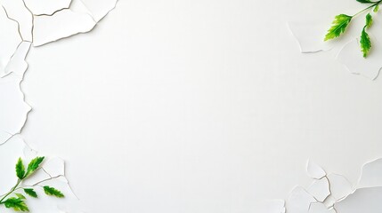 White Background with Green Leaves and Cracked Paint