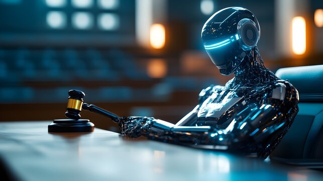 A chained AI robot, seated in a courtroom, embodying the concept of AI being held accountable for its actions focus on, theme, ethics in AI, vibrant, composite, gavel and scales of justice backdrop