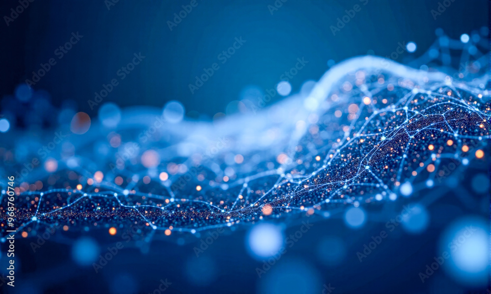 Poster blue digital network connection background with glowing nodes and lines, abstract technology concept