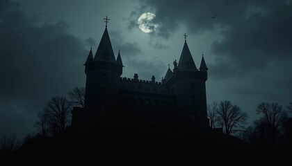 Obraz premium Spooky Silhouette of a Haunted Castle Against a Dark, Cloudy Sky