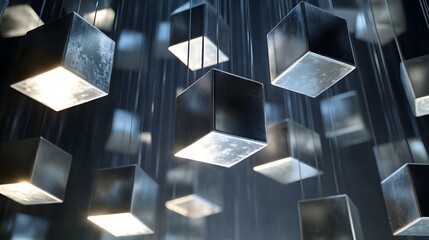 Shiny metallic cubes suspended in midair with dramatic lighting
