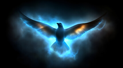 A luminous bird soaring through a mystical blue and black cloud formation at dusk, radiating ethereal light in a captivating moment