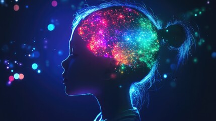 Obraz premium A child silhouette with neural connections, brain glowing with vivid colors representing cognitive activity and creativity.