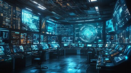 AI-Driven Cybersecurity Monitoring Systems: A control room filled with holographic displays tracking potential cyber threats in real-time.