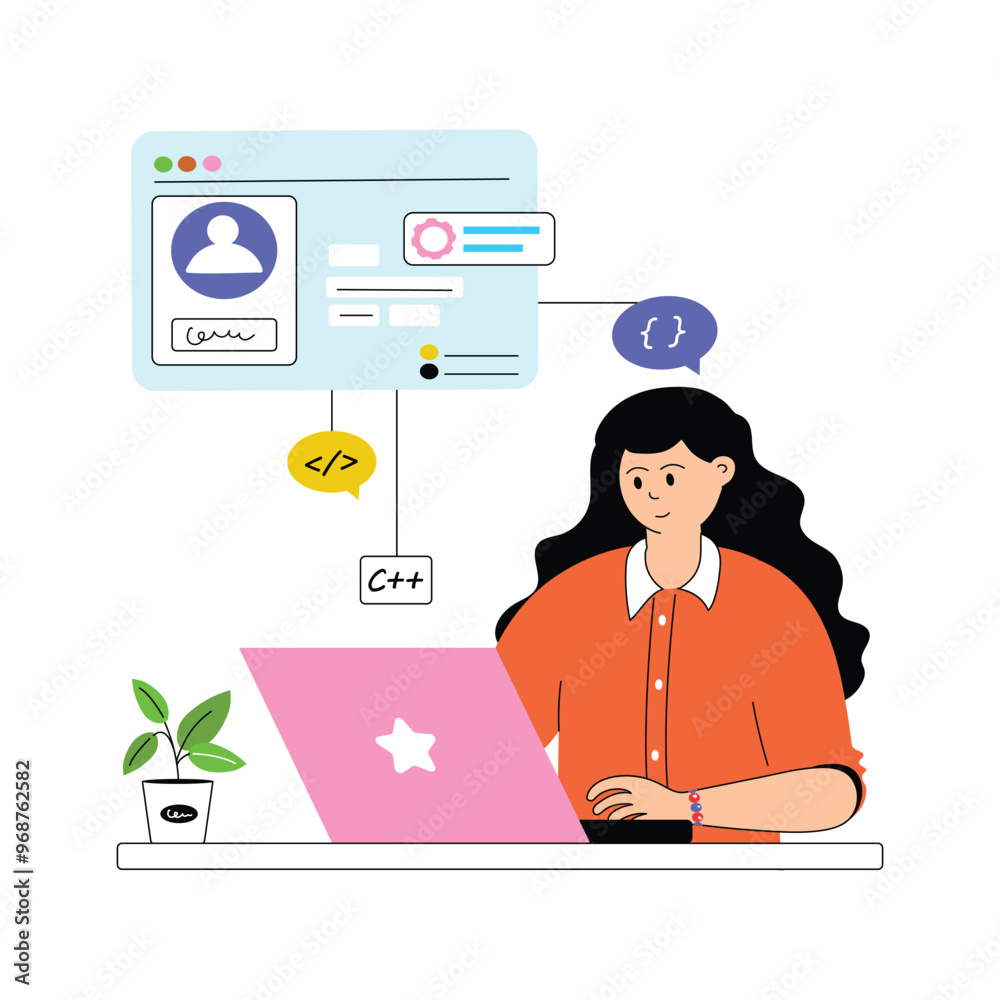 Poster woman developing a website, focusing on layout and user experience