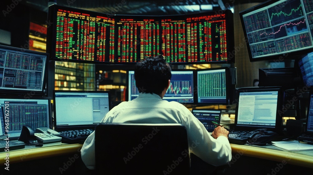 Poster A Trader Working in a Financial Trading Room Surrounded by Monitors Displaying Stock Market Data