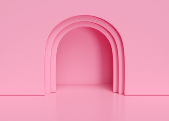 Pink pastel studio room interior background with arch window in wall. 3d render illustration of rose color bg with arc cutout hole for product display. Empty backdrop template for goods presentation.
