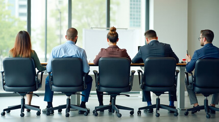 Fototapeta premium Corporate professionals in discussion, strategic meeting in office building, business people silhouette during brainstorming session