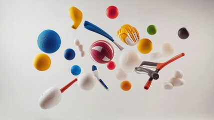 Various Sports Equipment and Balls in Mid-Air