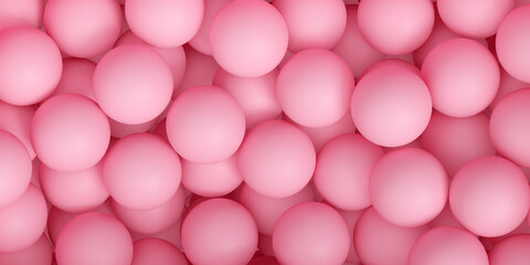Pink pastel background with many plastic balls. 3d render illustration of abstract rose color bg with sphere pattern. soft bubble gum and balloon texture. Fun candy or marshmallow backdrop.